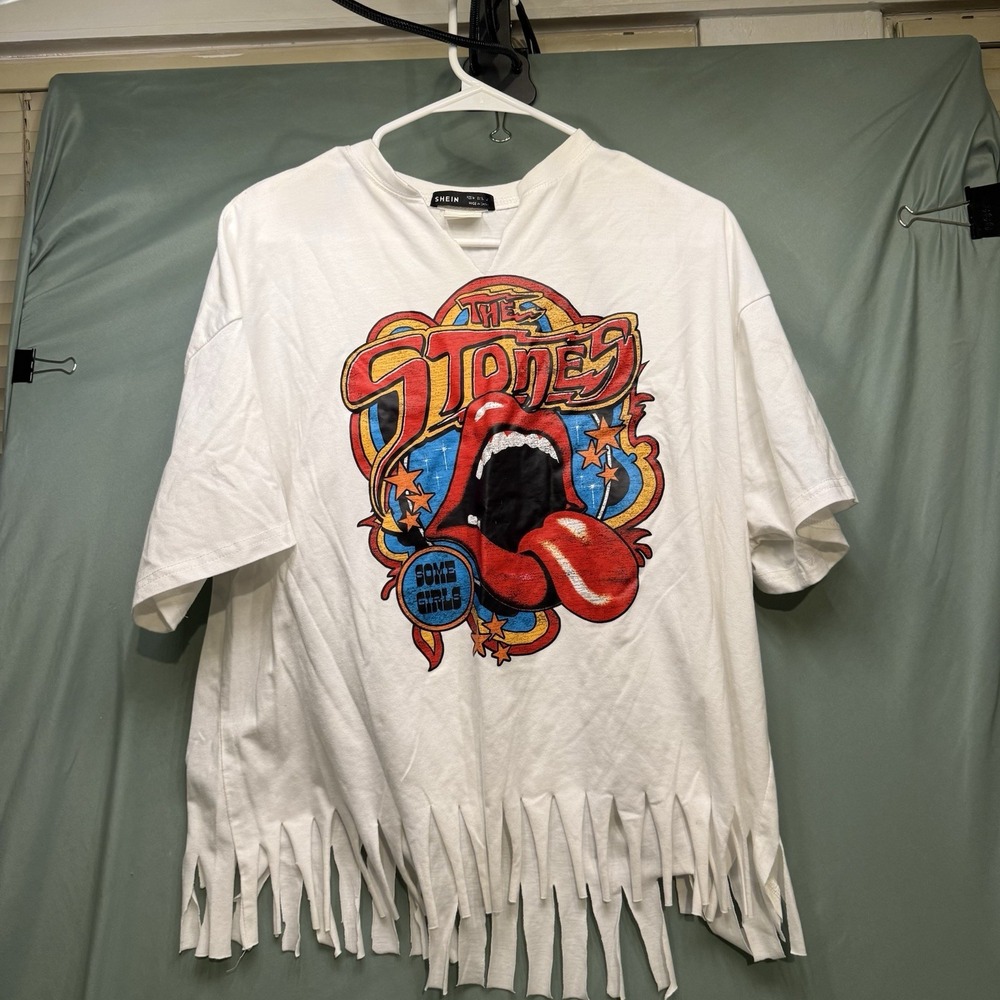 Rolling Stones Fringe Hem Pull Over Cropped Shirt Womens Medium Tour White